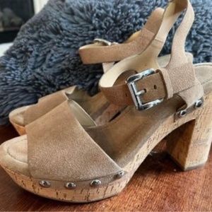 9.5 MICHAEL KORS Hayden Suede Platform Leather Chunky Cork Block Heel EUC